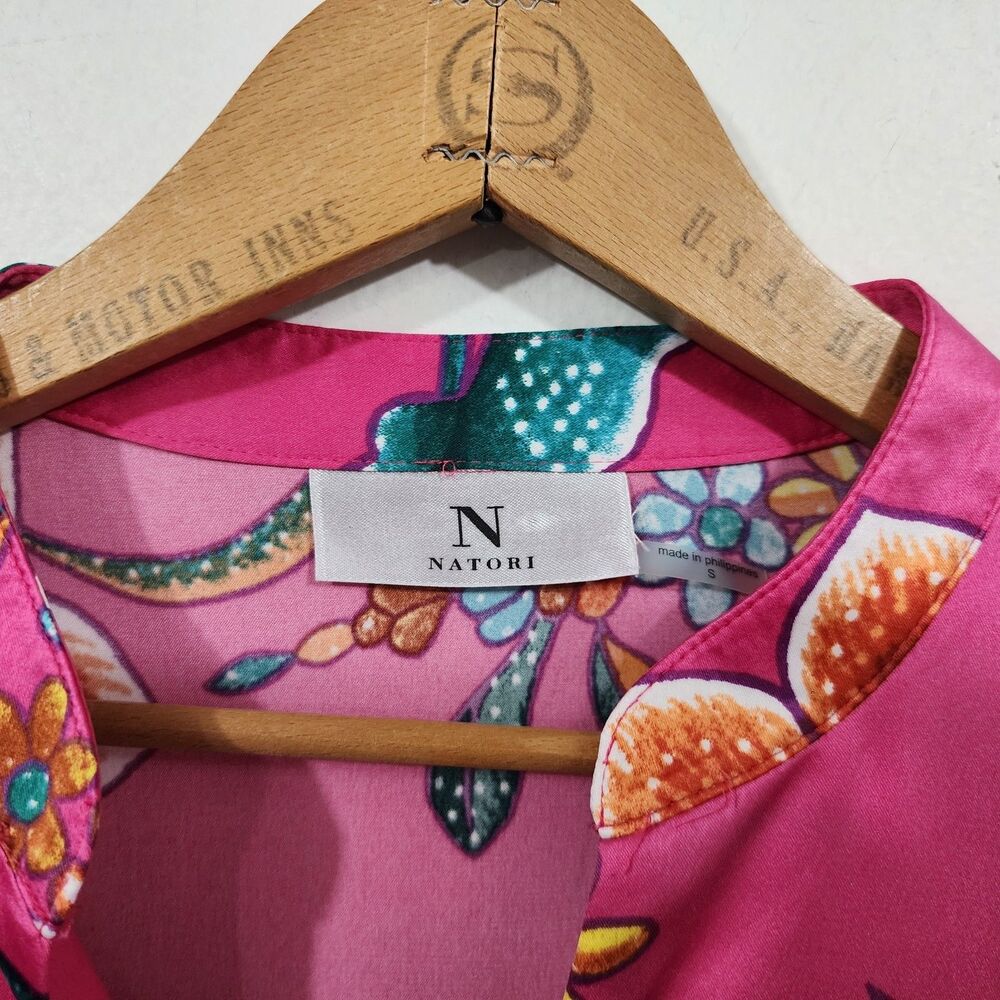 Natori Hot Pink Satin Floral Caftan Mandarin neckline Womens S Resort Lounge - Picture 6 of 11